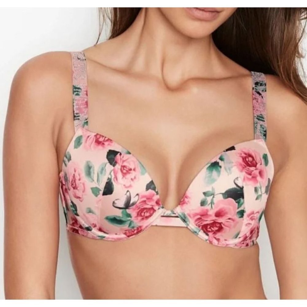 Victoria's Secret VERY SEXY Floral Rhinestone Strap Push-Up Bra Size 32D